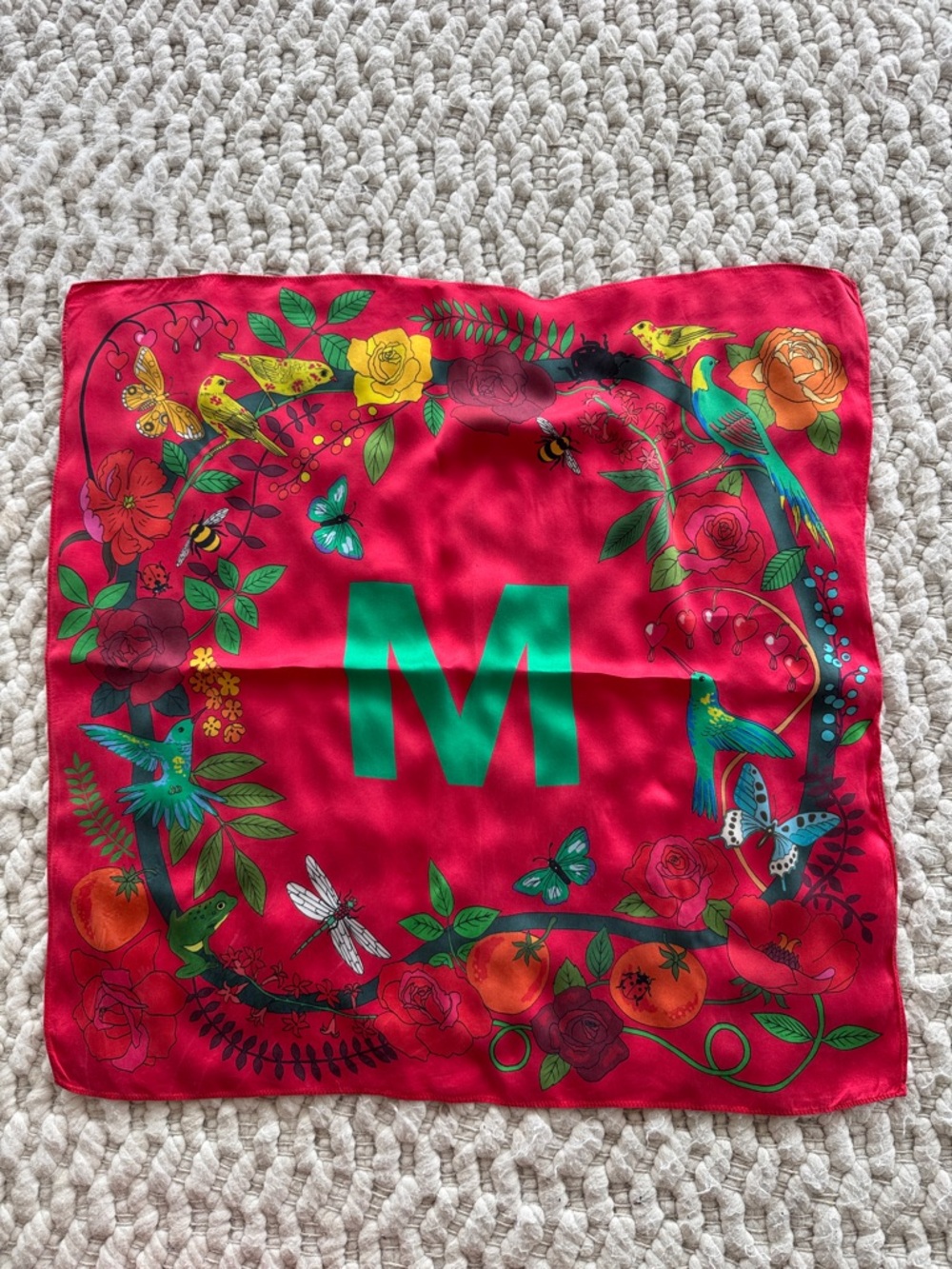 Bright Red Silk-Look Floral Scarf with Green Monogram M